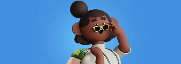 Kroji character holding a shopping bag and sunglasses.