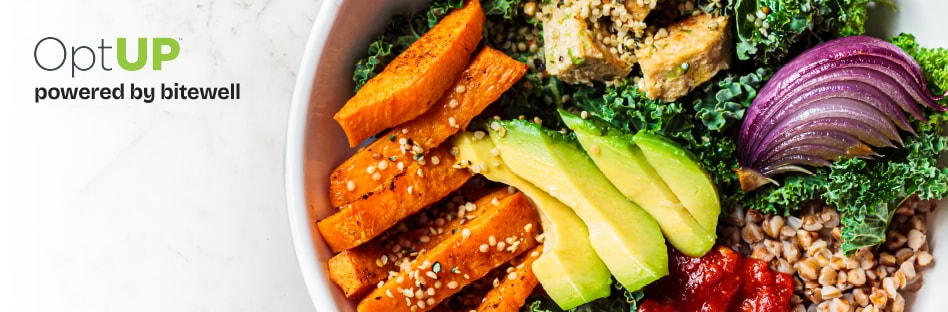 Bowl with colorful nutritious food and OptUP powered by bitewell logo