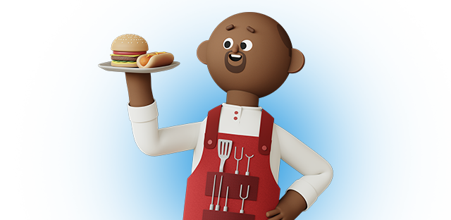 Kroji character smiling while holding a plate with a hamburger and hot dog.