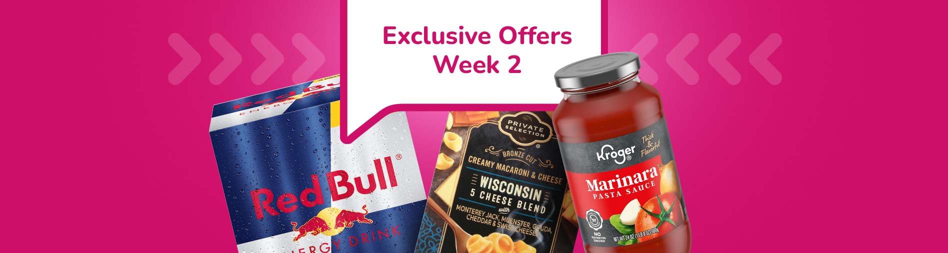 Week 2 savings product images of Red Bull, Pasta and Pasta Sauce.