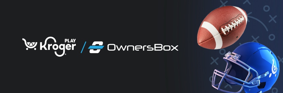 Kroger and OwnersBox logos, with a football and a blue helmet on a navy background.
