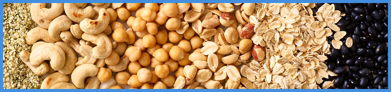 Cashews, chickpeas, beans, and oats