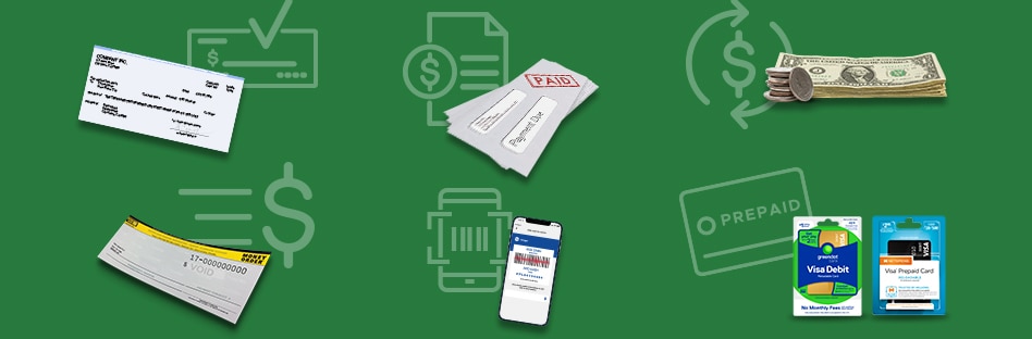 Consolidated representation of all the money services available at Mariano’s including check cashing, bill pay, money transfers, money orders, account funding, and prepaid cards.